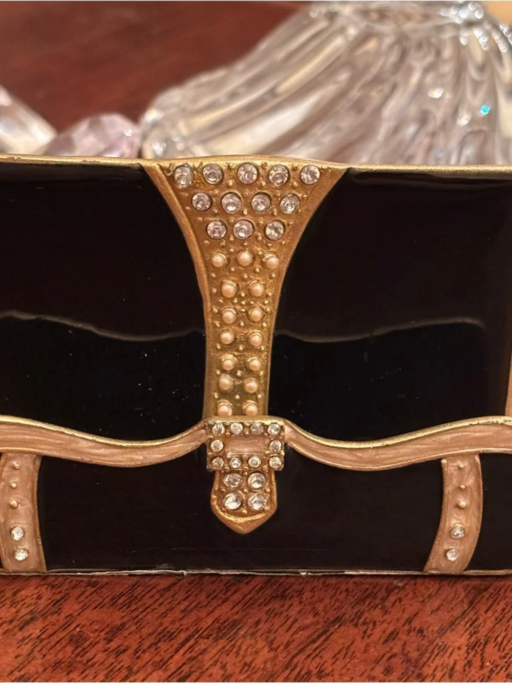 BLING SET CARD HOLDER AND CLOCK IN BLACK WITH RHINESTONES IN GOOD CONDITION
